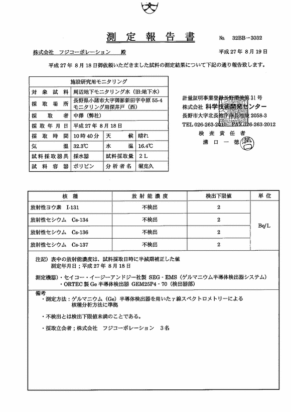 放射性各種濃度 - 地下水(西側)