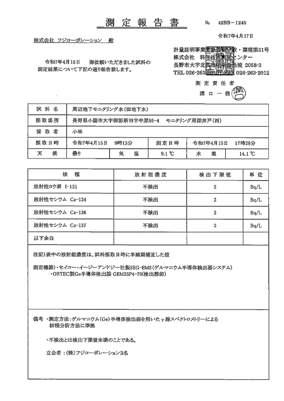 放射性各種濃度 - 地下水(西側)
